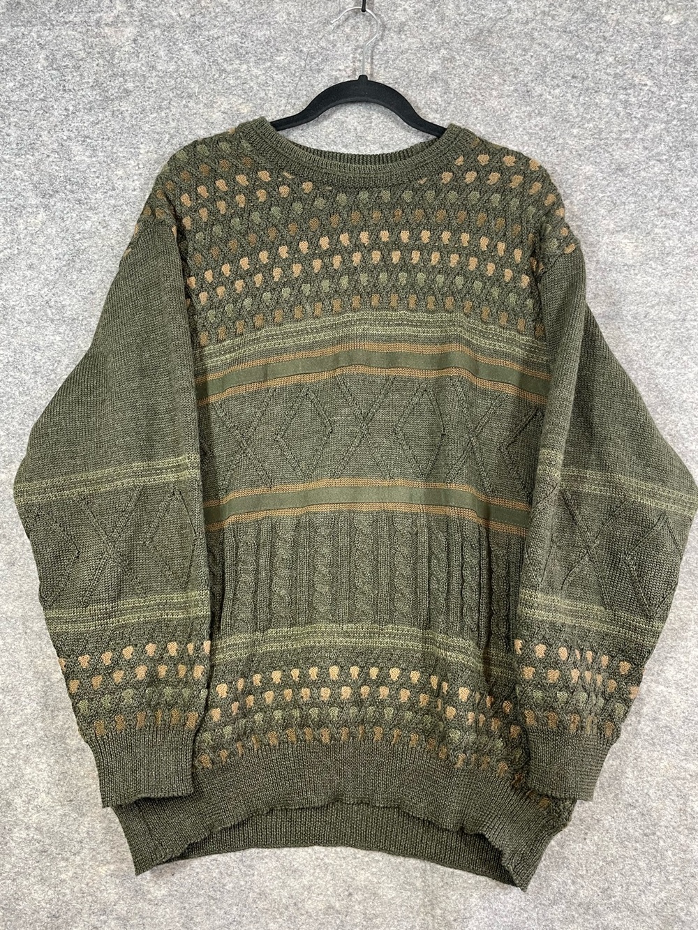 Vintage Boneti Olive Green Wool Fair Isle Cable Knit Sweater Large Grandpa Core